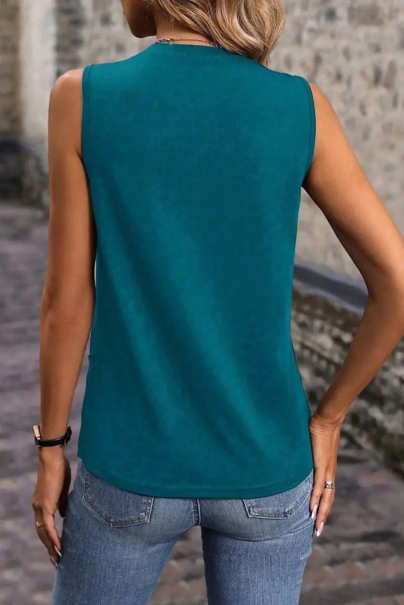 Blue Sapphire Solid Color Stitching Detail Round Neck Tank Top for Casual Wear - Love Salve